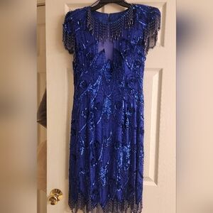 Vintage A.J. Bari Royal Blue Sequin/Beaded Fringe Evening/Cocktail Dress